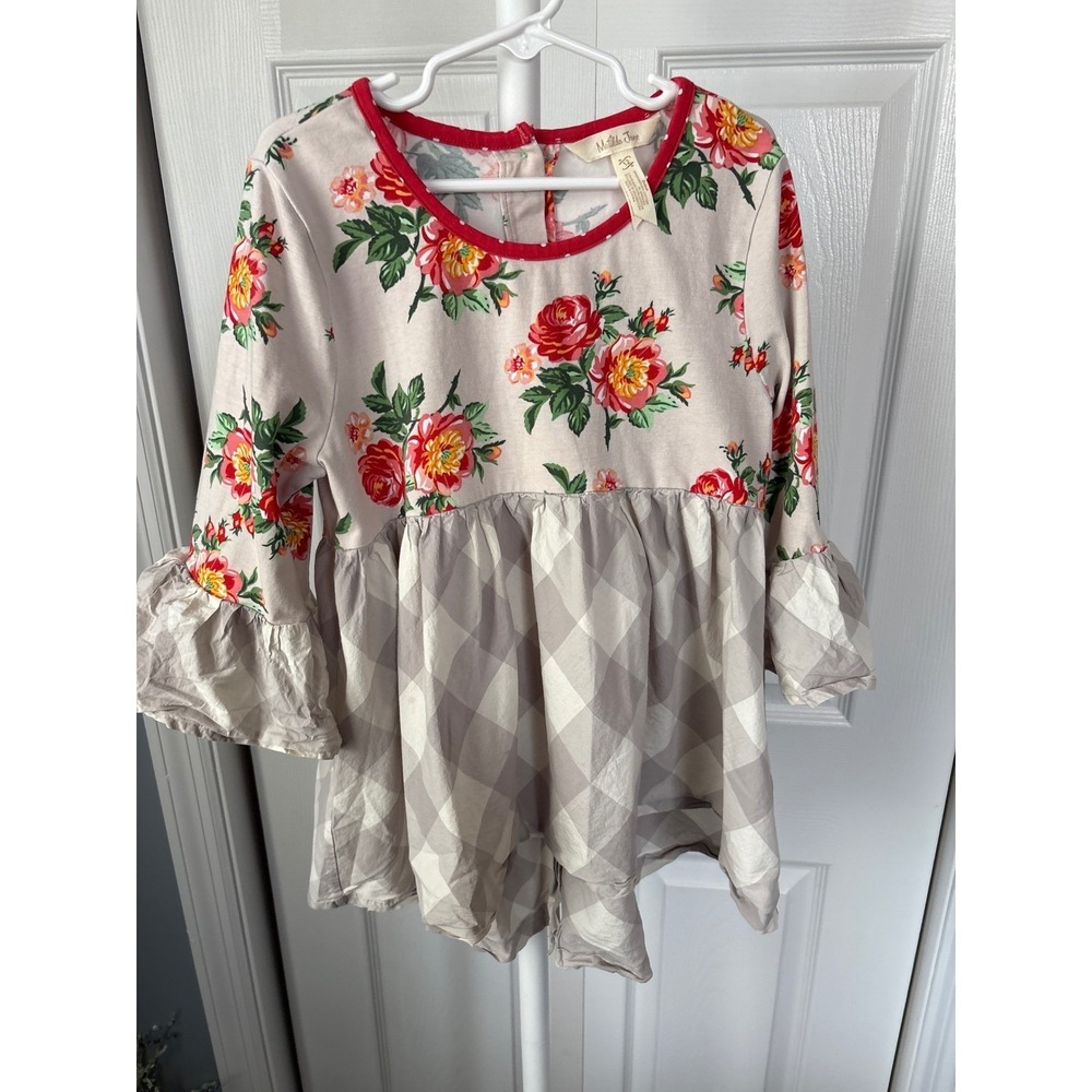 Matilda Jane Girls Floral Gingham Ruffle Tunic Top Grey Red Cream Size 12 girls